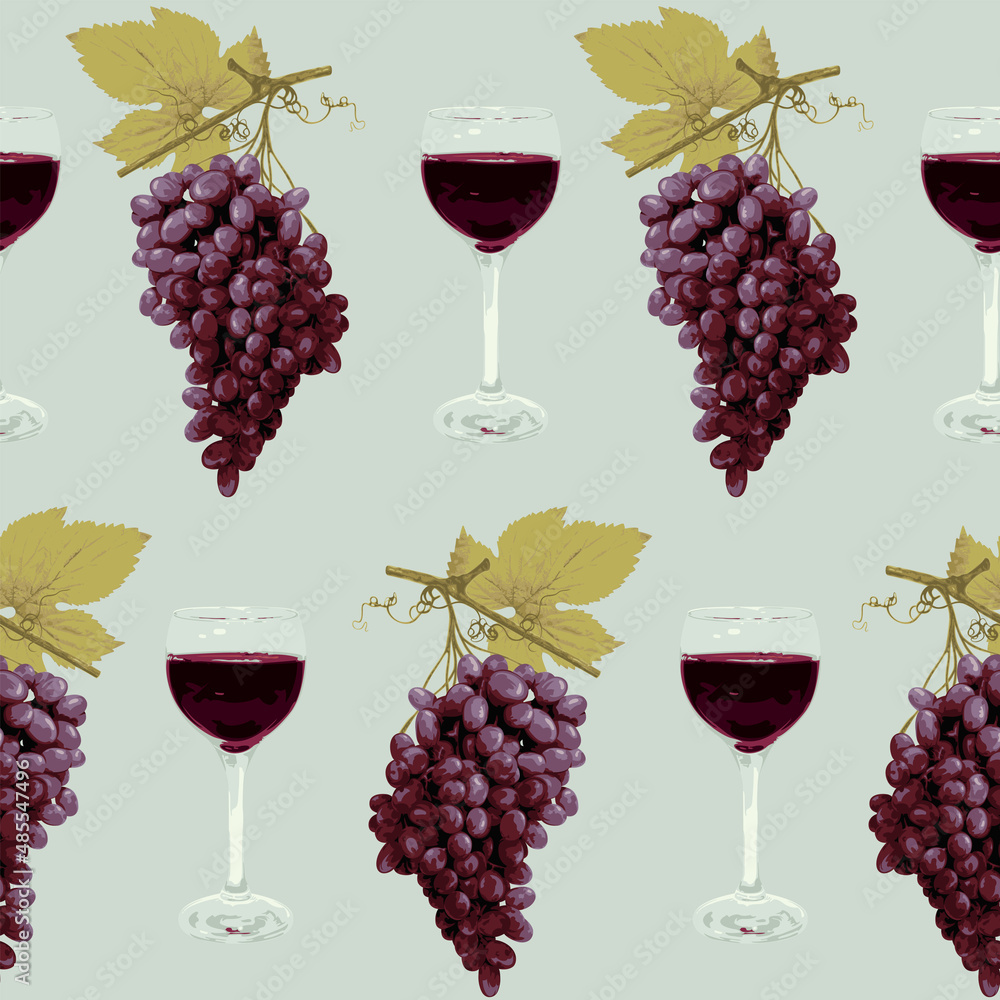 Poster seamless pattern with realistic bunches of ripe grapes and glasses of red wine on a light backdrop. 