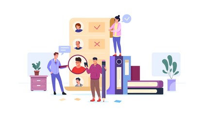 Hr list. Attract talents job, data check employees recruiting form resume candidates office policy information fill checklist test, choose employee, flat garish vector illustration