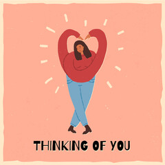 Valentine's Day greeting card with Thinking of you text. Young happy woman hugging herself, her arms in heart shape. 