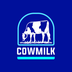 dairy milk cow logo, silhouette of great cow milk eating grass vector illustration