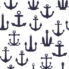 Silhouette of different anchors seamless pattern. Vector black doodle sketch illustration on white background.