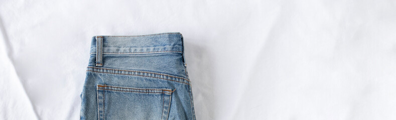 Jeans pocket texture close up, blue denim pants banner