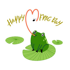 Cute Postcard with Green Funny Frog. Vector Cartoon Illustration
