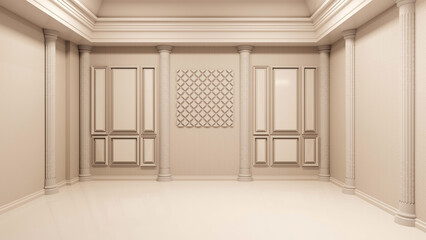 background of empty classic room with wall panels minimal tone,3D illustration rendering