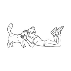 Girl with a cat pet. Doodle black white contour line illustration.