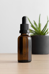 Dropper bottle mockup with a succulent plant on the wooden table.