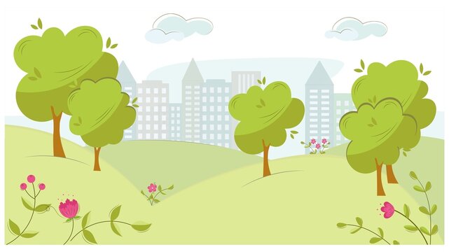 Cute cityscape with trees and flowers. Silhouettes of houses on the background of the suburbs vector illustration. Flat cartoon illustration of a beautiful spring or summer city park. Copy space.