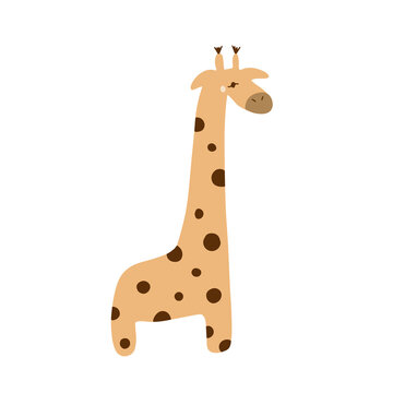 Cute cartoon fashion design of little giraffe with kind eyes. African animal wildlife vector illustration icon.