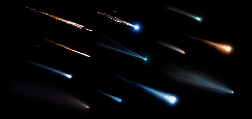 Collection of meteorites, asteroids, comets, meteors, comet tail isolated on a black background. ...