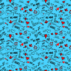 Naklejka premium Vector seamless love symbol pattern, with stylish hearts and word 