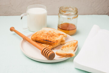 Toast with honey and milk.