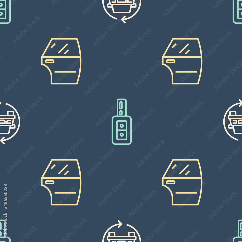 Poster set line car service, door and key with remote on seamless pattern. vector