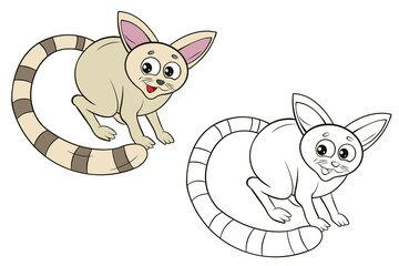 
Black and white and colored lemur image. Coloring for children. Vector drawing, linear.