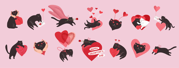 Cute cats in love. Romantic Valentines Day set for greeting card or poster. Cat give heart, kitten in hands, hero cat with rose, flying cat on balloon. Flyers, invitation. Vector concept