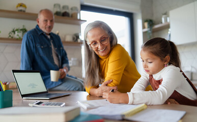 Obraz na płótnie Canvas Small girl with senior grandparents doing maths homework at home.