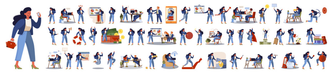 Set of business woman or office worker character with various poses,