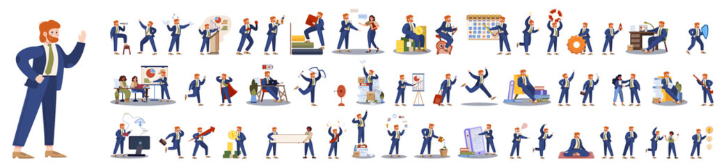 Businessman character set. Poses and meeting, data and hero. Character