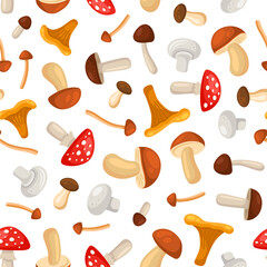 Mushrooms Seamless Pattern on White Background. Vector