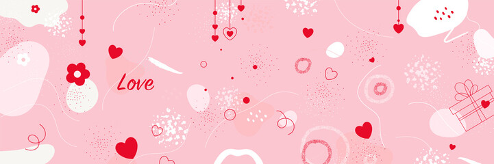 Valentine's day February 14 background design. Backdrop pattern layout for promo card, banner design for lovers holidays. Beige, red, pink elegant love cute background with hearts and abstract dots. 