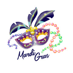 Mardi Gras illustration mask feathers beads masquerade carnival holiday traditional New Orleans - 485551083