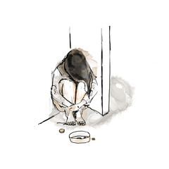 Poverty begging woman asks despair, sketch drawing illustration watercolor - 485551248