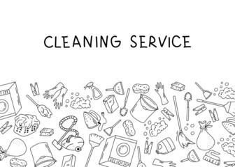 Cleaning service background with hand drawn black and white elements and lettering. Vector illustration in doodle style. Banner template