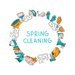 Spring cleaning concept. Banner template of isolated hand drawn home and office cleaning items. Vector doodle illustration