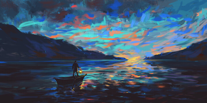 Traveler with lamp on lake at sunset