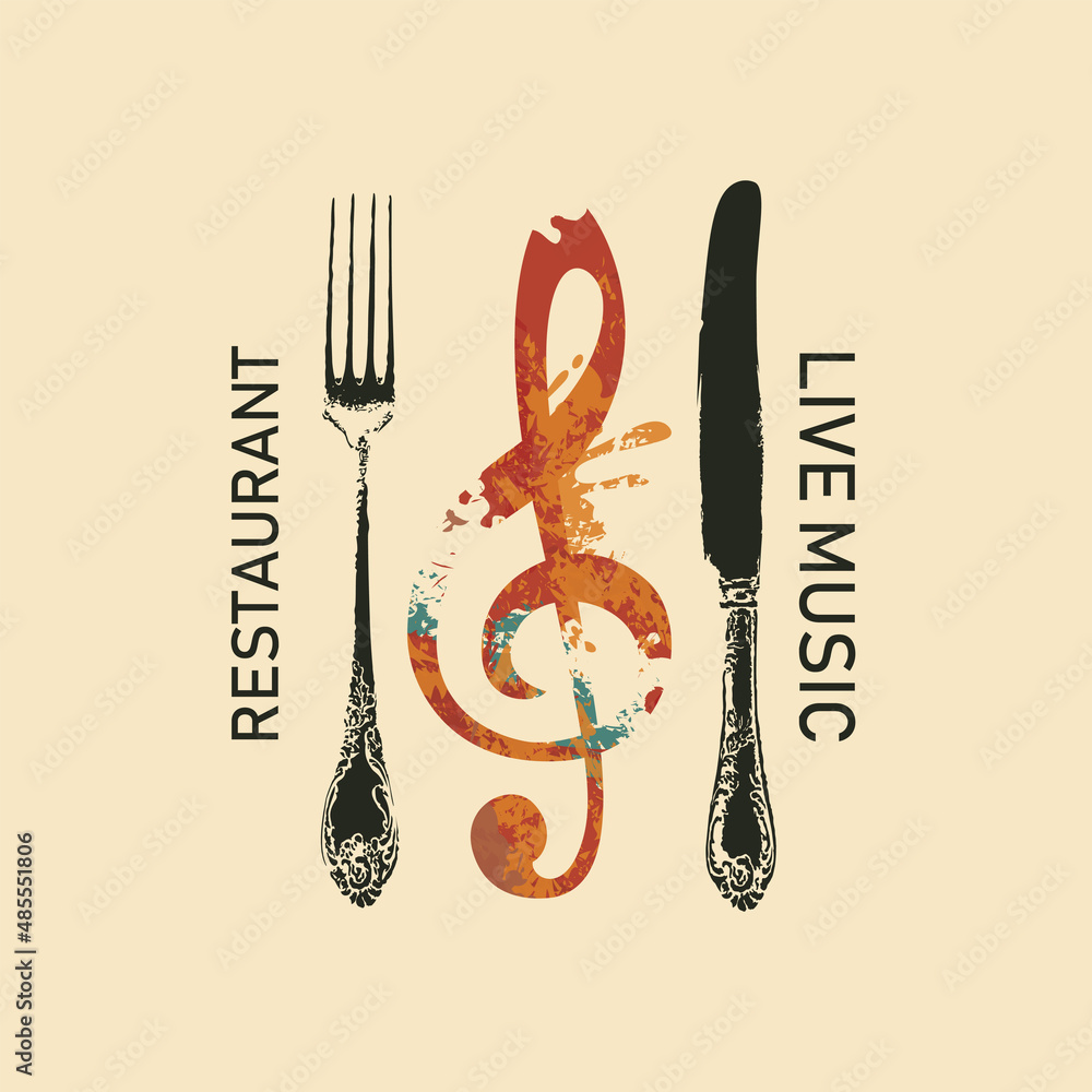 Poster vector menu or banner for restaurant with live music decorated with fork, knife and a treble clef in