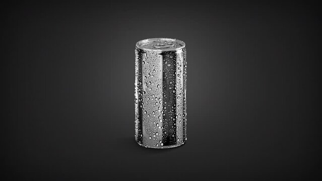 Black soda can 280 ml with drops mockup, looped rotation