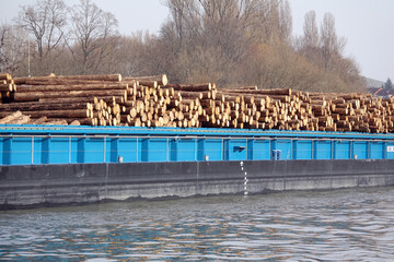 Mit Holz beladenes Frachtschiff