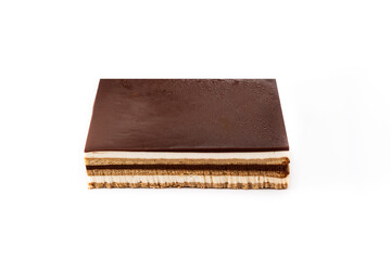 Opera cake dessert isolated on white background