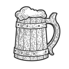 Wooden beer mug cup sketch engraving raster illustration. T-shirt apparel print design. Scratch board imitation. Black and white hand drawn image.