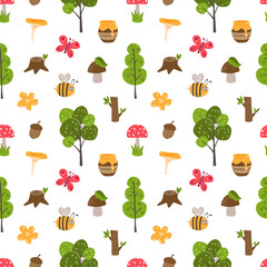 Seamless vector pattern of forest and mushrooms in a flat style. Pattern with trees, mushrooms, bees and honey, flowers , butterflies, a stump on a white background