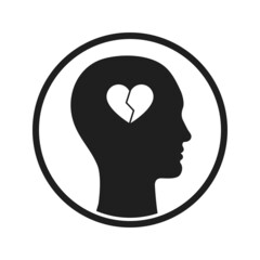 Circle icon of human silhouette with broken heart in head. Failed romantic love or mental disorder symbol.