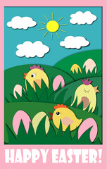 A cute Easter greeting card,  a landscape with green hills, eggs and little chicks, a papercut  style Easter illustration, sunny day, blue skies and clouds