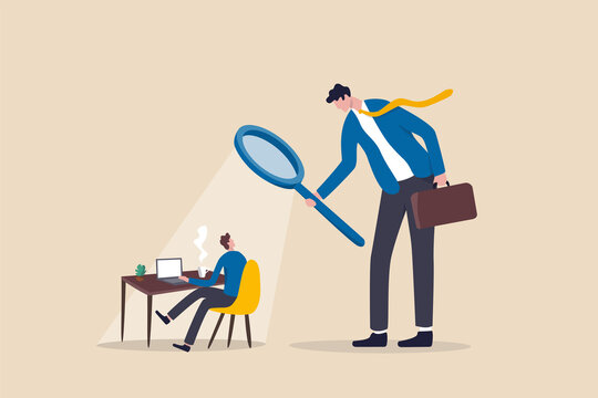 Micromanaging boss, toxic manager monitoring every details, excessive supervision and control of employee work and processes, micromanager boss using magnifying glass keep looking at employee working. Vector | Adobe Stock