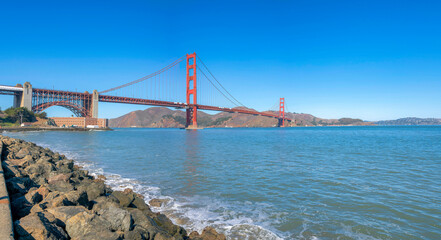 Golden gate bridge view from the shore of the bay in San Francisco, California