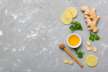 Natural cold and flu home remedies. Natural ingredients for immunity stimulation and viruses protection. top view flat lay