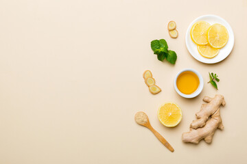 Natural cold and flu home remedies. Natural ingredients for immunity stimulation and viruses protection. top view flat lay