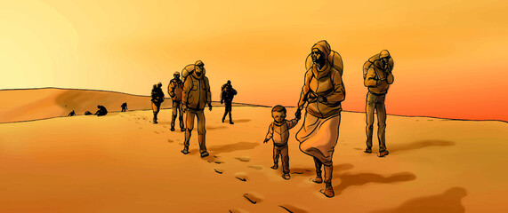 Illustration about Sub-Saharan immigrants crossing the desert - obrazy, fototapety, plakaty