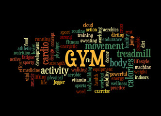 Word Cloud with GYM concept, isolated on a black background