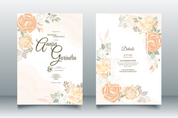 Fototapeta na wymiar Wedding invitation card template set with beautiful orange floral leaves Premium Vector