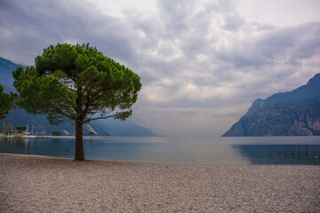 A moody winter day at the north shore of Lake Garda near Riva del Garda, Trentino-Alto Adige, north...