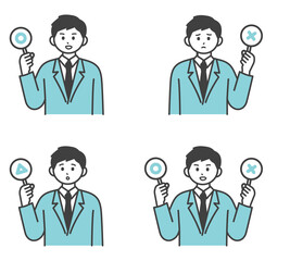 男性社員がまるとばつと三角の札を持つイラスト素材