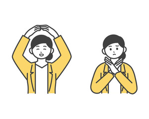 女性社員が腕でまるとばつを作っているイラスト素材