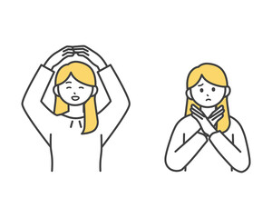 女性社員が腕でまるとばつを作っているイラスト素材