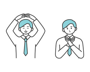 男性社員が腕でまるとばつを作っているイラスト素材
