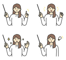 女性社員が指し棒で説明するイラスト素材