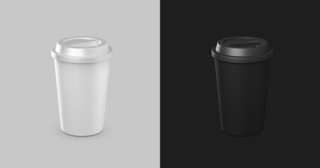 Black and white mockup of disposable paper cup with plastic lid. High quality 3d rendering. Empty and isolated. Polystyrene coffee cup in different views.